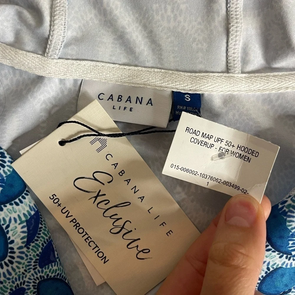 Cabana Life Road Map Hooded UPF 50 Coverup Blue White Tassel Tie NWT Size S